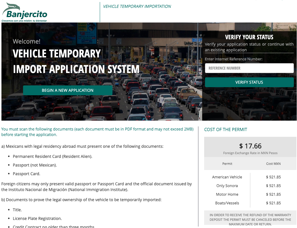 Vehicle temporary import application system